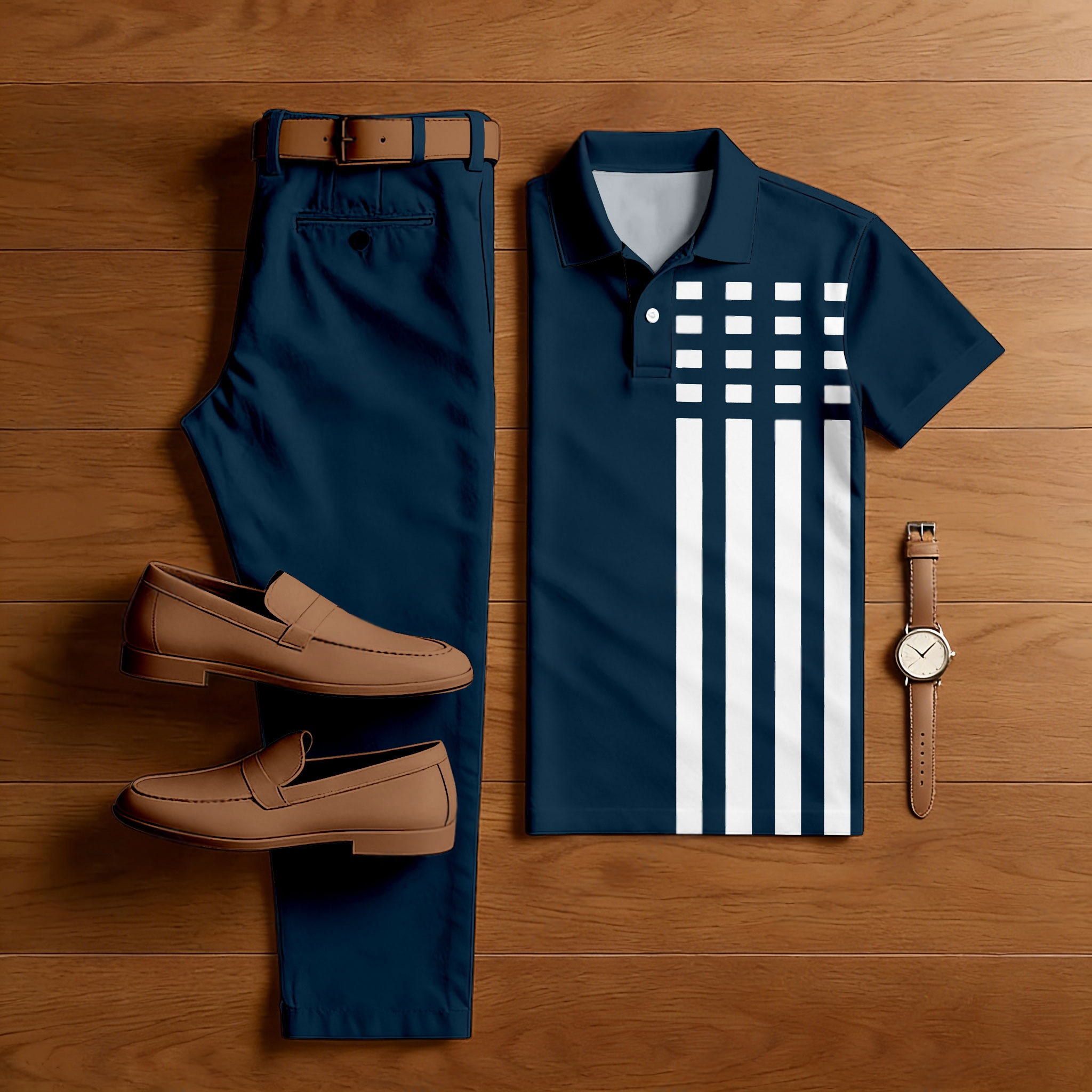 Men's Casual Dark Blue & White Color Matching Checkered Asymmetric Printed Short Sleeved Polo Shirt & Trousers Two-Piece Set