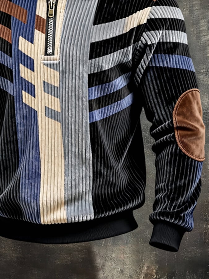Men's Retro Color Block Print Color-Blocked Zip-Up Sweatshirt