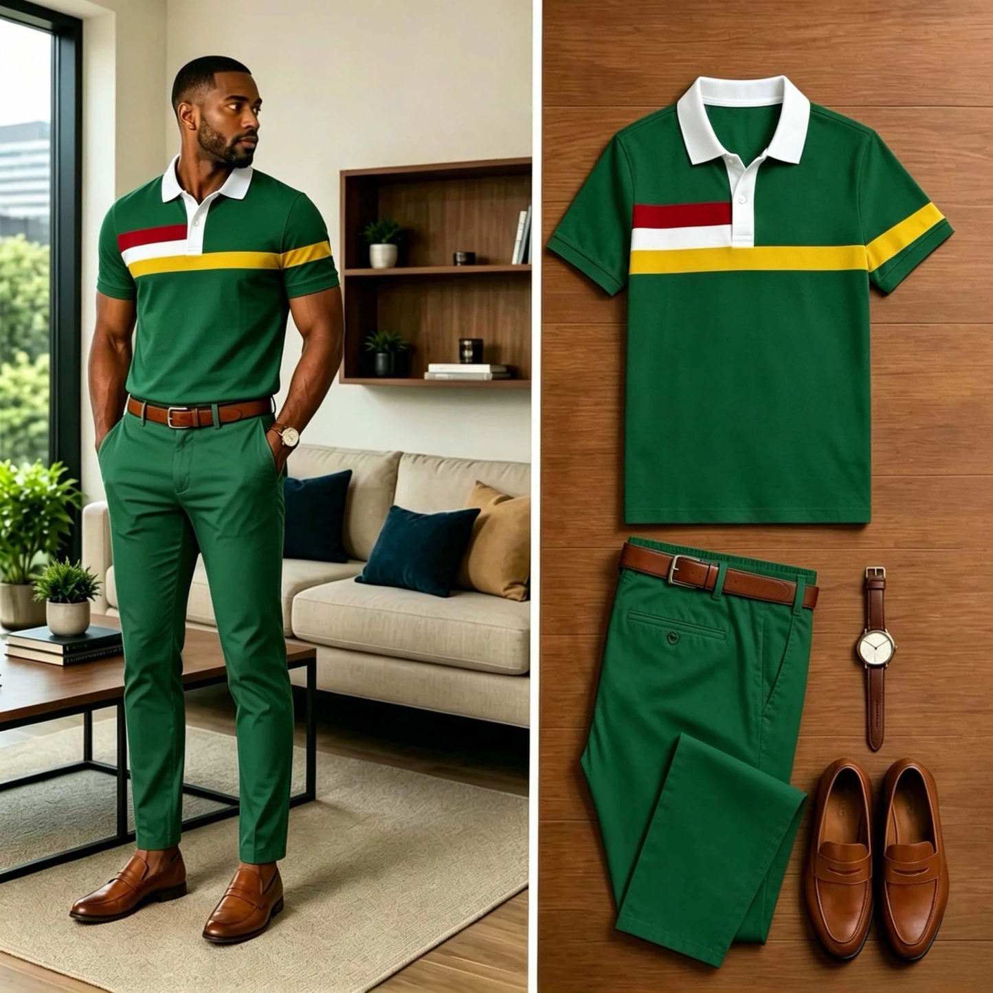 Men's Casual Color Stripe Contrasting Printed Polo Shirt And Pants Two-Piece Set