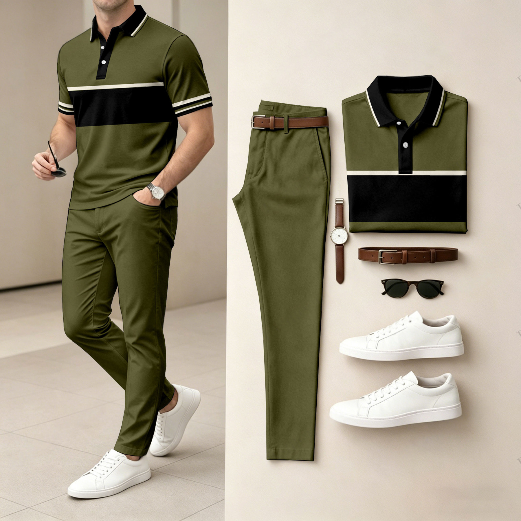 Men's Casual Dark Green Printed Polo Shirt And Pants Two-Piece Set