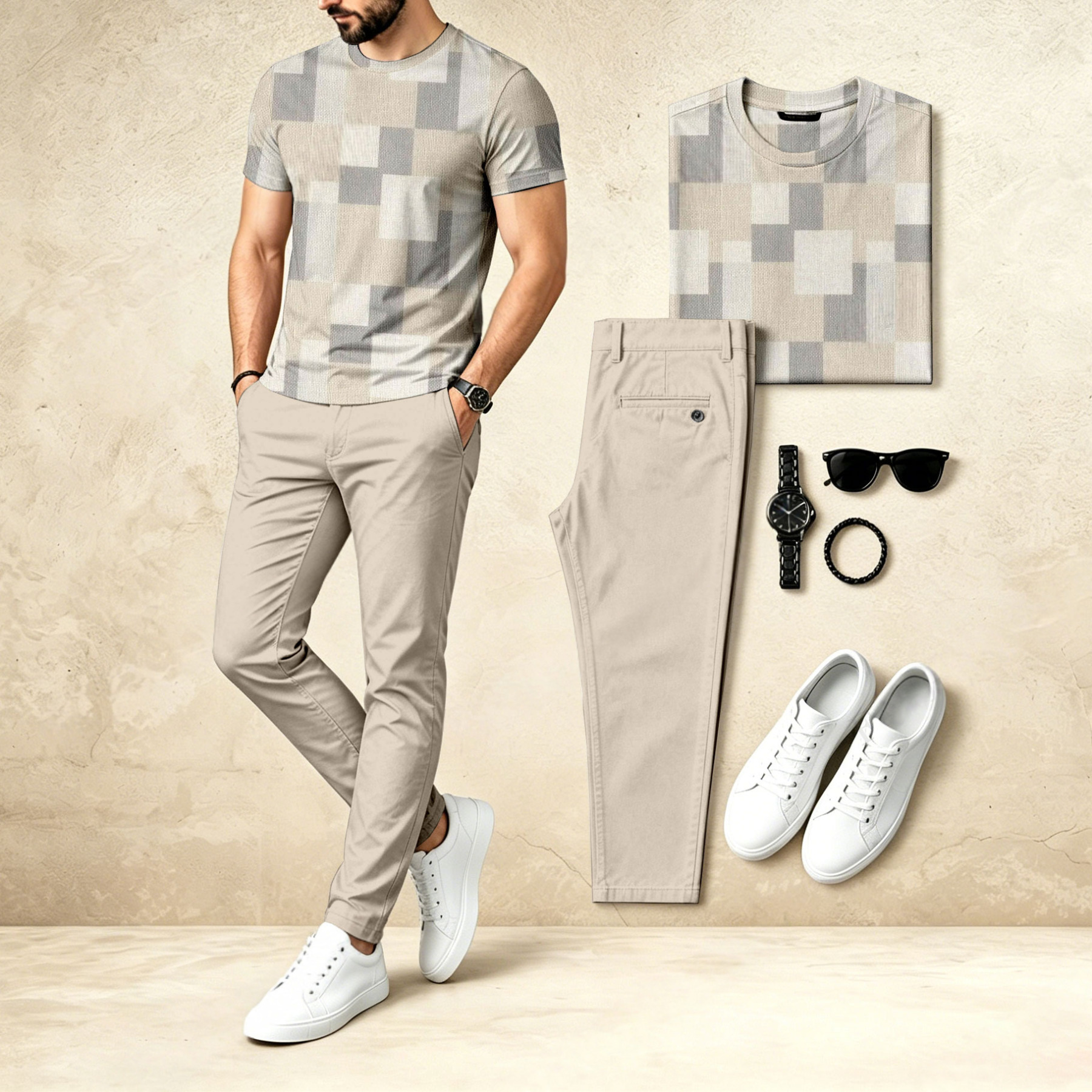 Men's Casual Two-Piece Set: Grey Printed Crew Neck Short-Sleeve Top & Long Pants