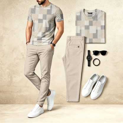 Men's Casual Two-Piece Set: Grey Printed Crew Neck Short-Sleeve Top & Long Pants