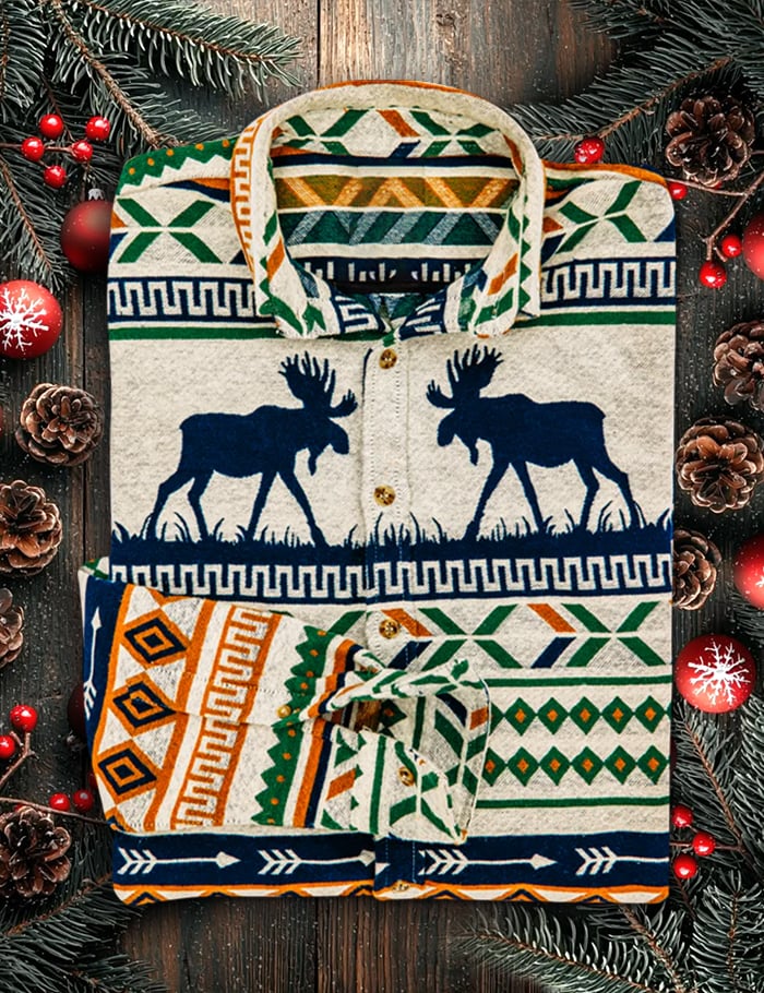 Men's Retro Casual Christmas Art Long Sleeve Shirt