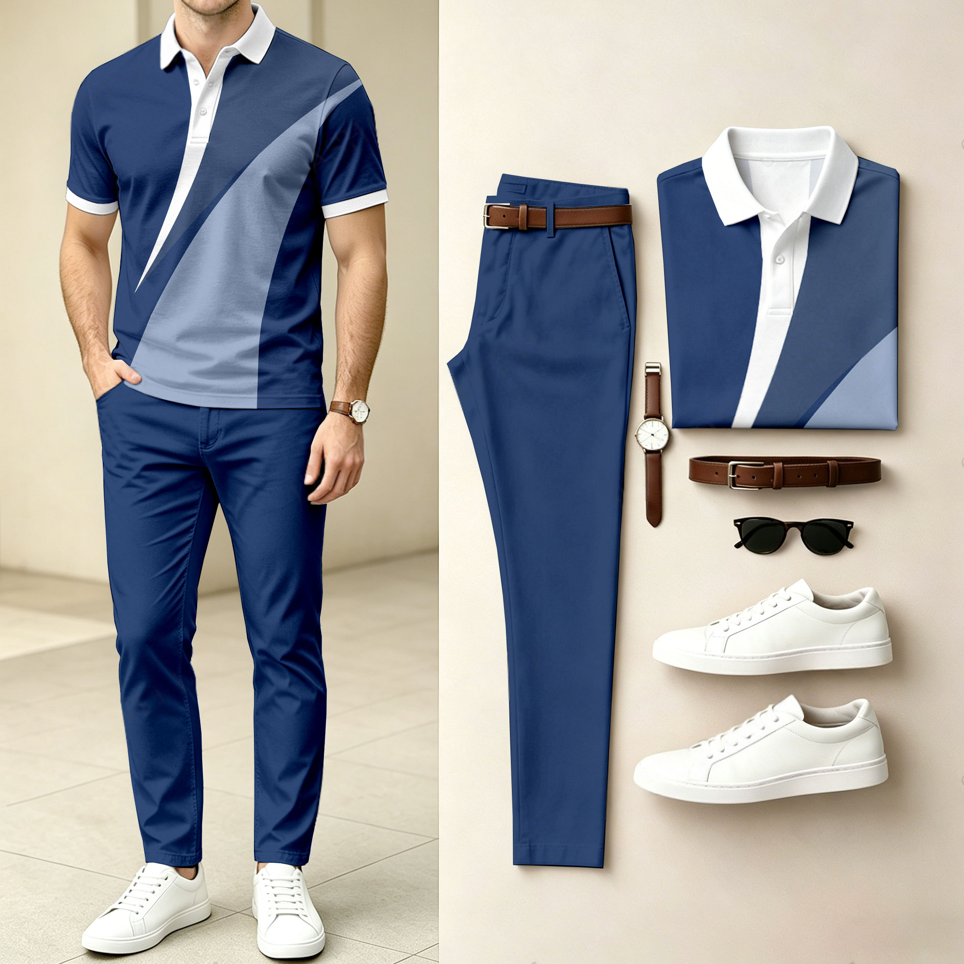 Men's Casual Color-Blocked Printed Short-Sleeve Polo Shirt And Pants Set (Excludes Accessories Such As Watches And Belts)