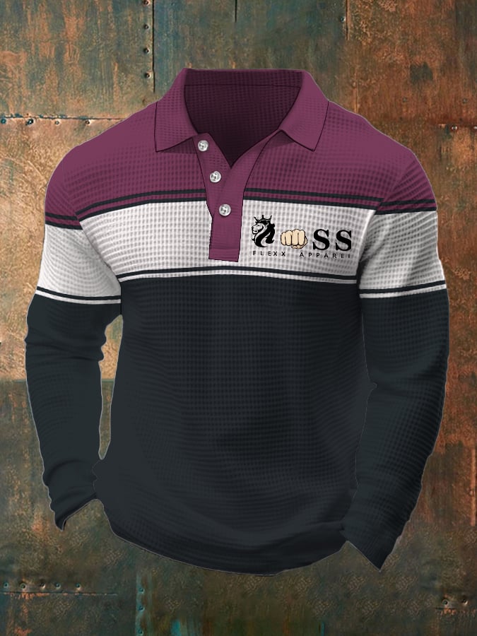 Men's Retro Letter Design Waffle Fabric Long Sleeve Polo Shirt