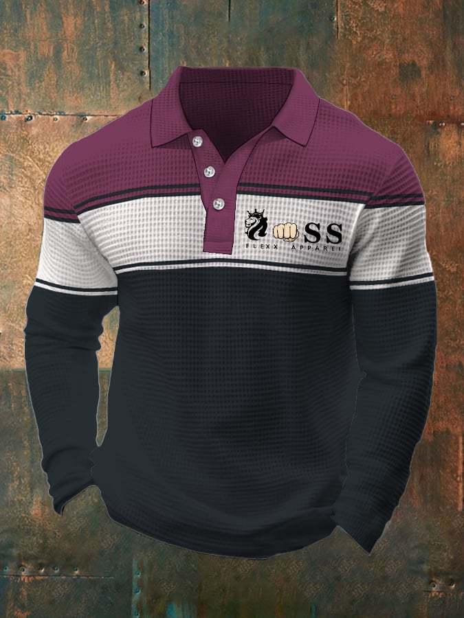 Men's Retro Letter Design Waffle Fabric Long Sleeve Polo Shirt