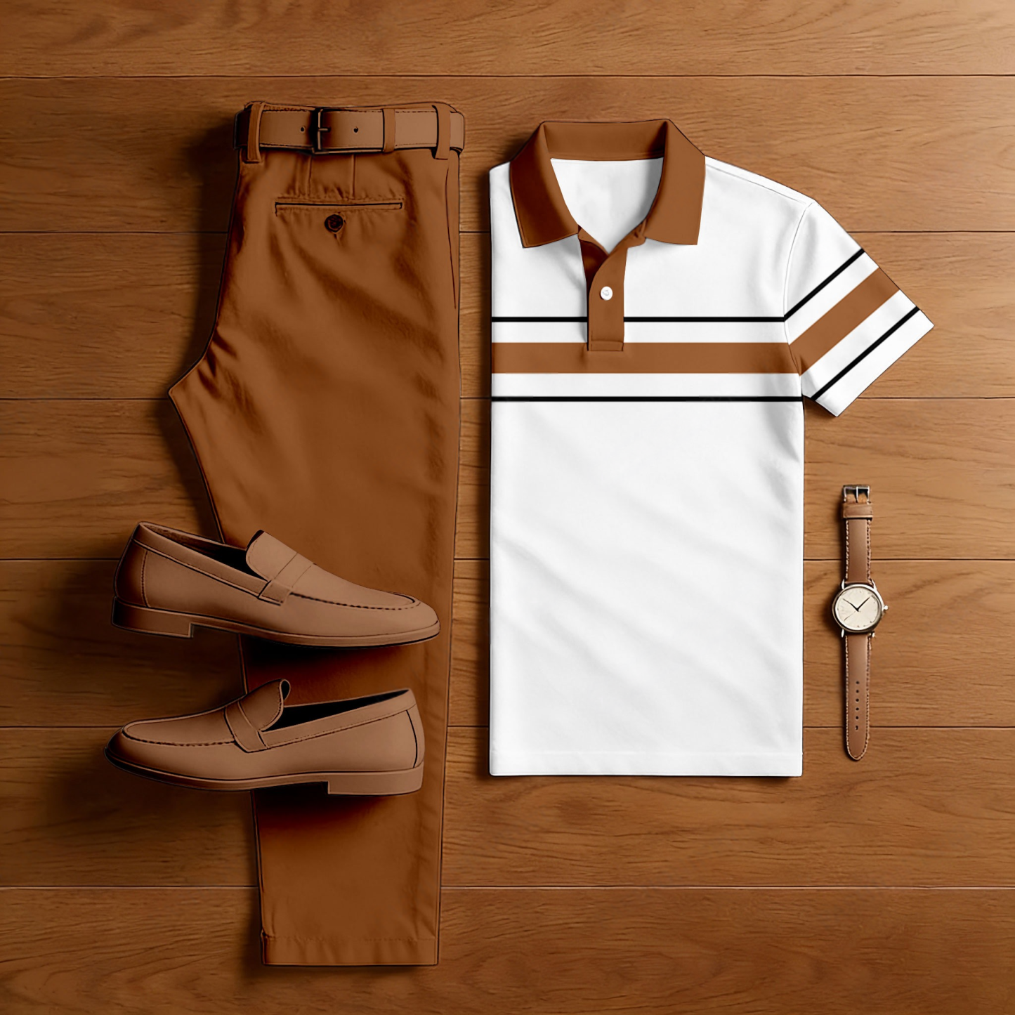 Men's Casual White & Brown Color Short Sleeved Polo Shirt & Trousers Two-Piece Set