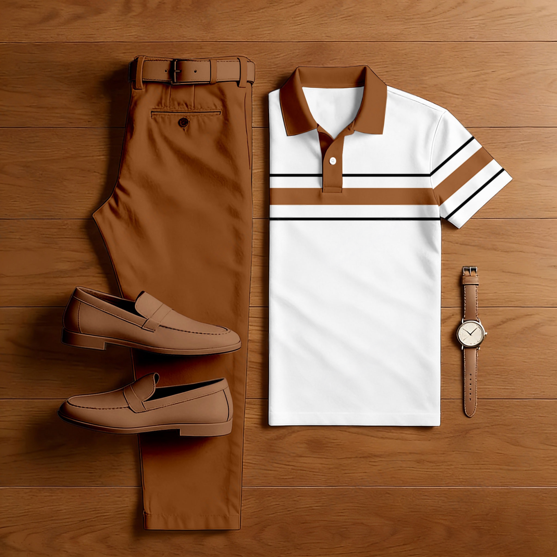 Men's Casual White & Brown Color Short Sleeved Polo Shirt & Trousers Two-Piece Set