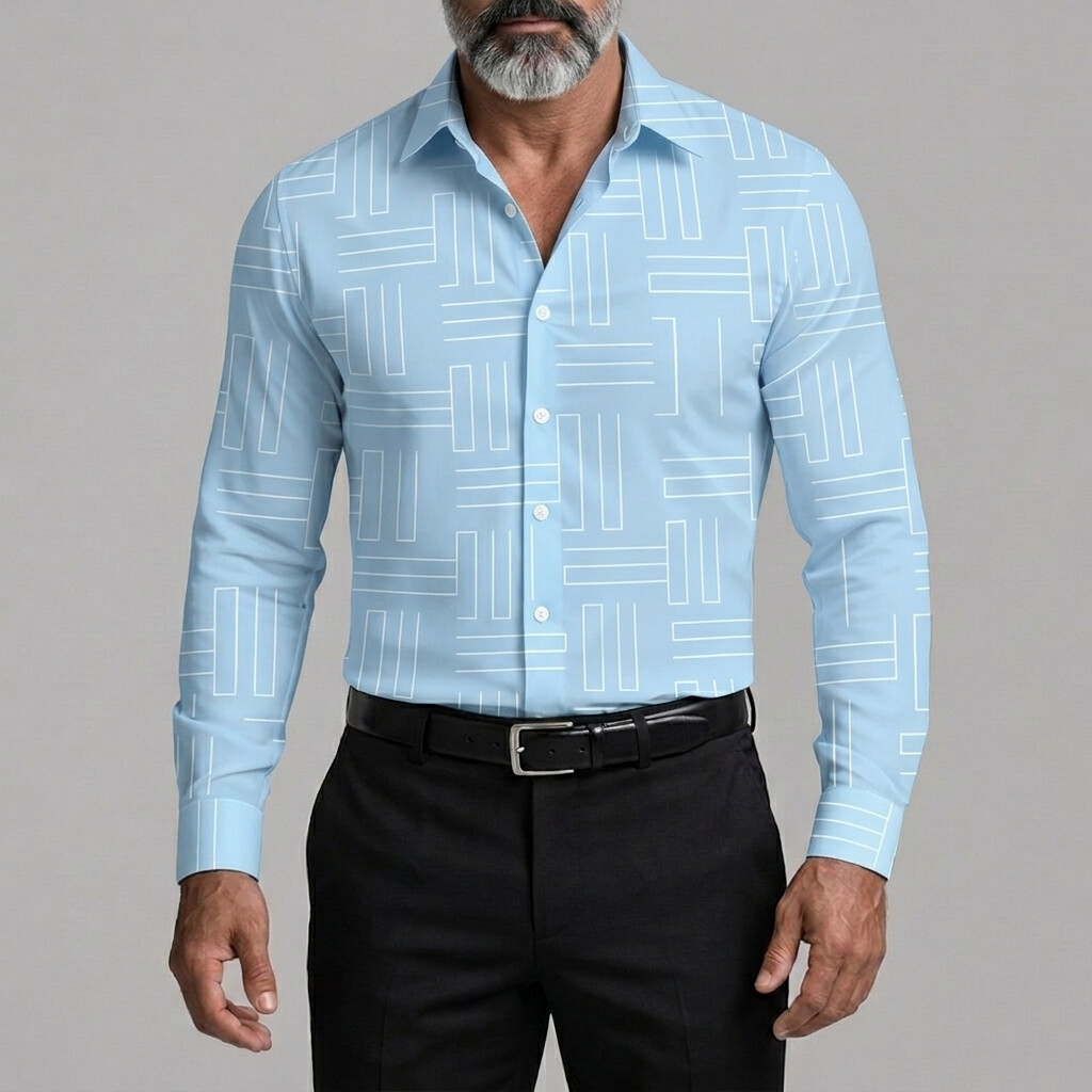 Men's Fashion Geometric Lines Print Button Up Business Casual Shirt