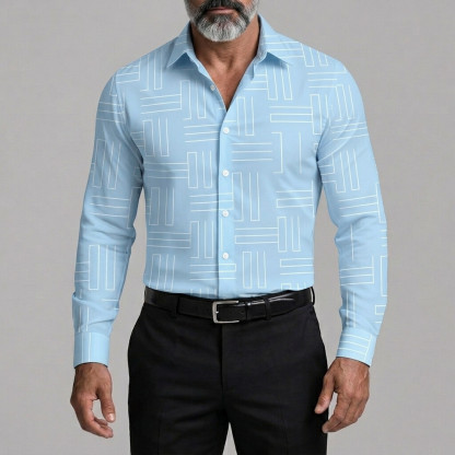 Men's Fashion Geometric Lines Print Button Up Business Casual Shirt
