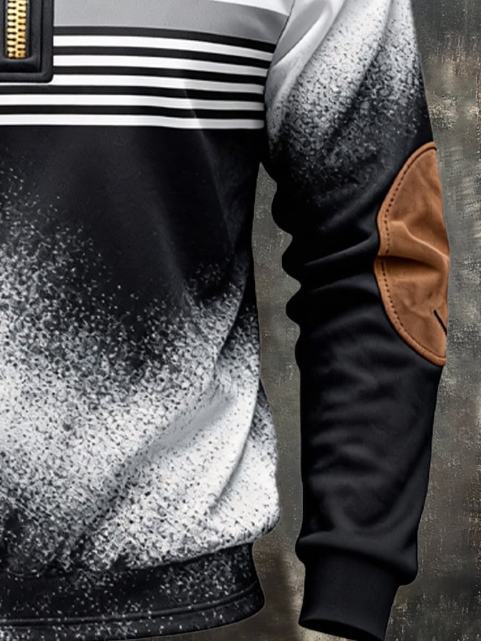 Men's Retro Color Block Print Zipper Sweatshirt