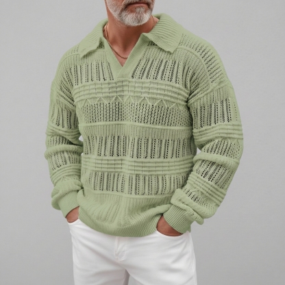 Men's Casual Solid Shirt Collar Hollow Out Crochet Long Sleeve Sweaters