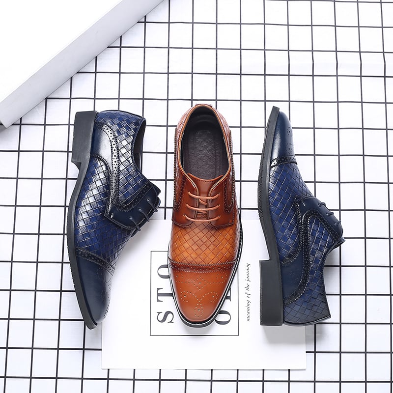 Mens Plaid Casual Fashion Patchwork Lace-Up Leather Shoes
