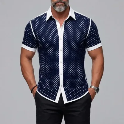 Men's Vintage Polka Dot Print Button-Up Slim Short Sleeve Shirt