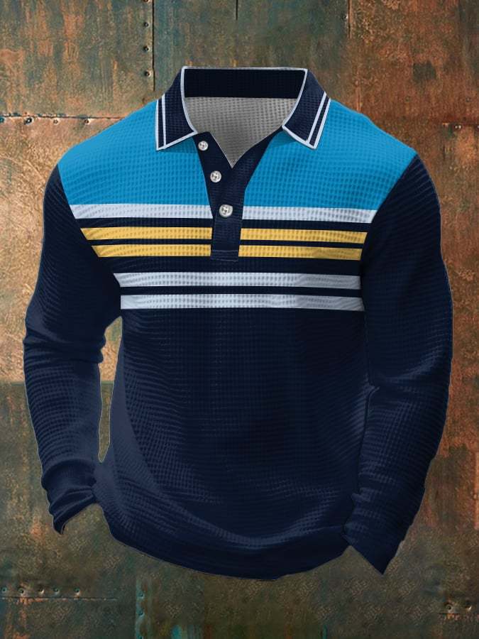 Men's Retro Waffle Color Stitching Lapel T-Shirt