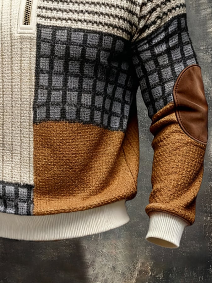 Men's Retro Color Block Print Color-Blocked Zip-Up Sweatshirt