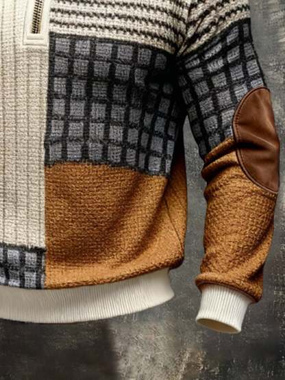 Men's Retro Color Block Print Color-Blocked Zip-Up Sweatshirt