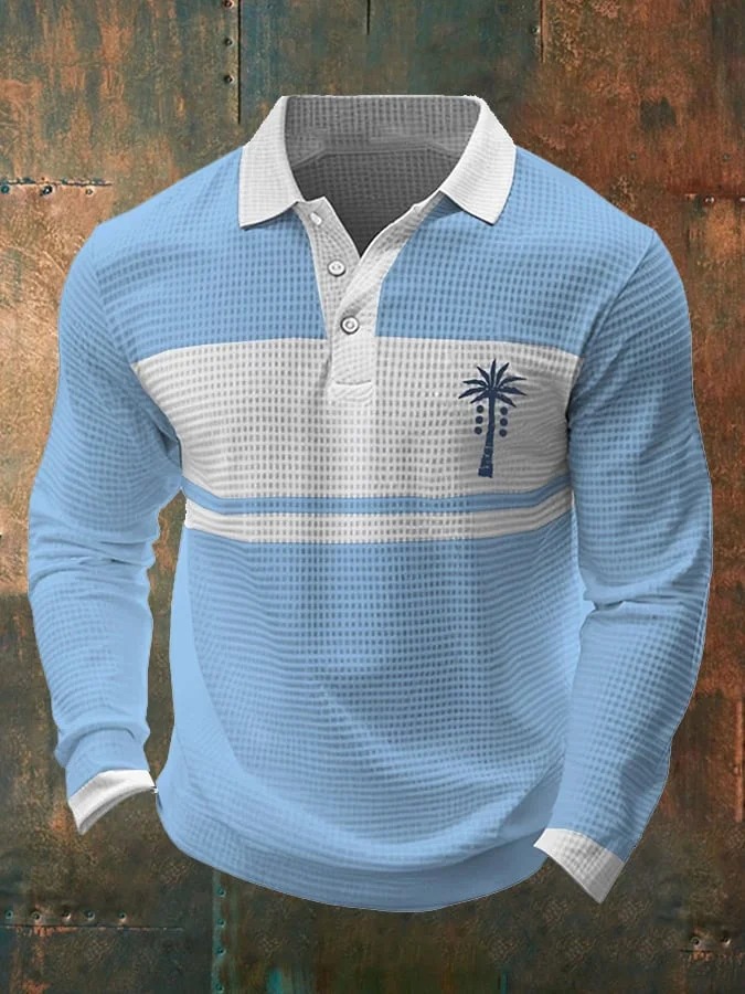Men's Business Casual Contrast Color Coconut Tree Print Waffle Polo