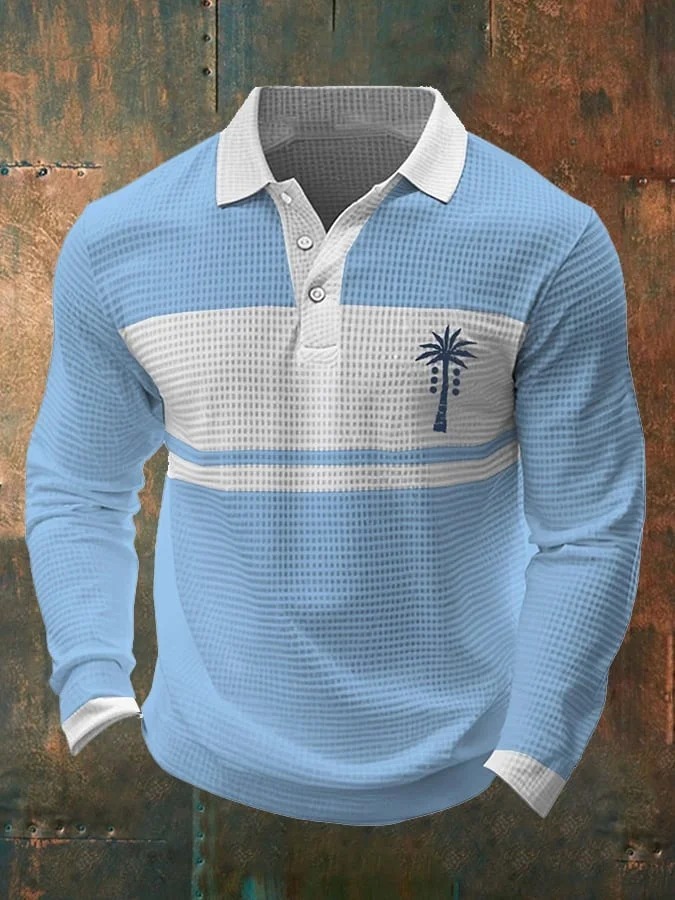Men's Business Casual Contrast Color Coconut Tree Print Waffle Polo