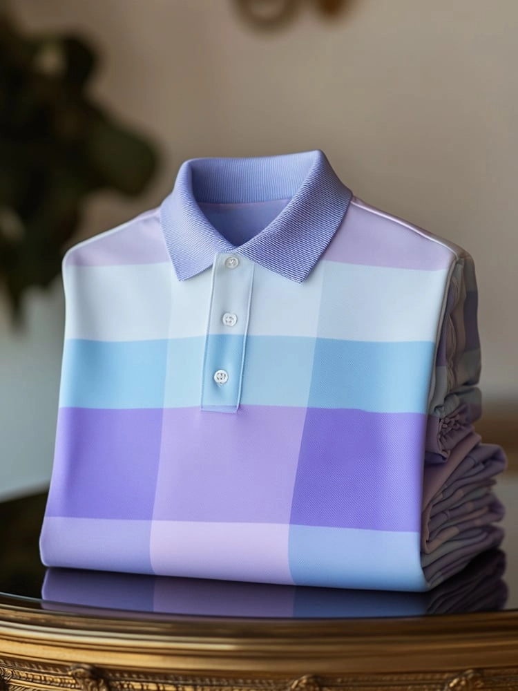 Men's Classic Business Check Logo Button Short Sleeve Polo Shirt