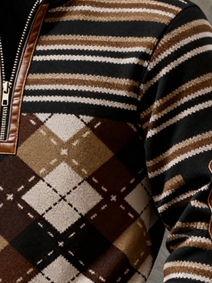 Men'S Casual Retro Contrast Color Half Zip Stand Collar Long Sleeve Sweatshirt