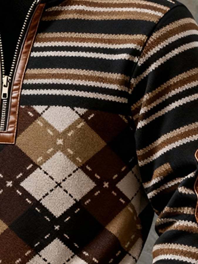 Men'S Casual Retro Contrast Color Half Zip Stand Collar Long Sleeve Sweatshirt