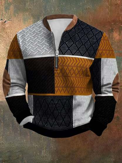 Men's Retro Western Textured Print Zip Collar Sweatshirt