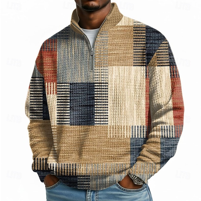 Men's Geometric Plaid Waffle Sweatshirt 