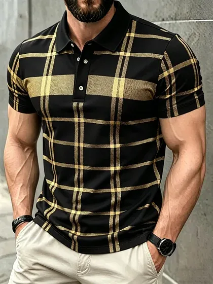 Men's Business Casual Black and Yellow Plaid Button Short Sleeve Polo Shirt