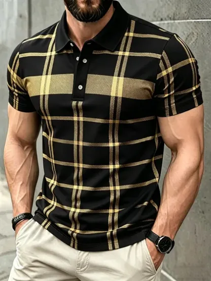 Men's Business Casual Black and Yellow Plaid Button Short Sleeve Polo Shirt