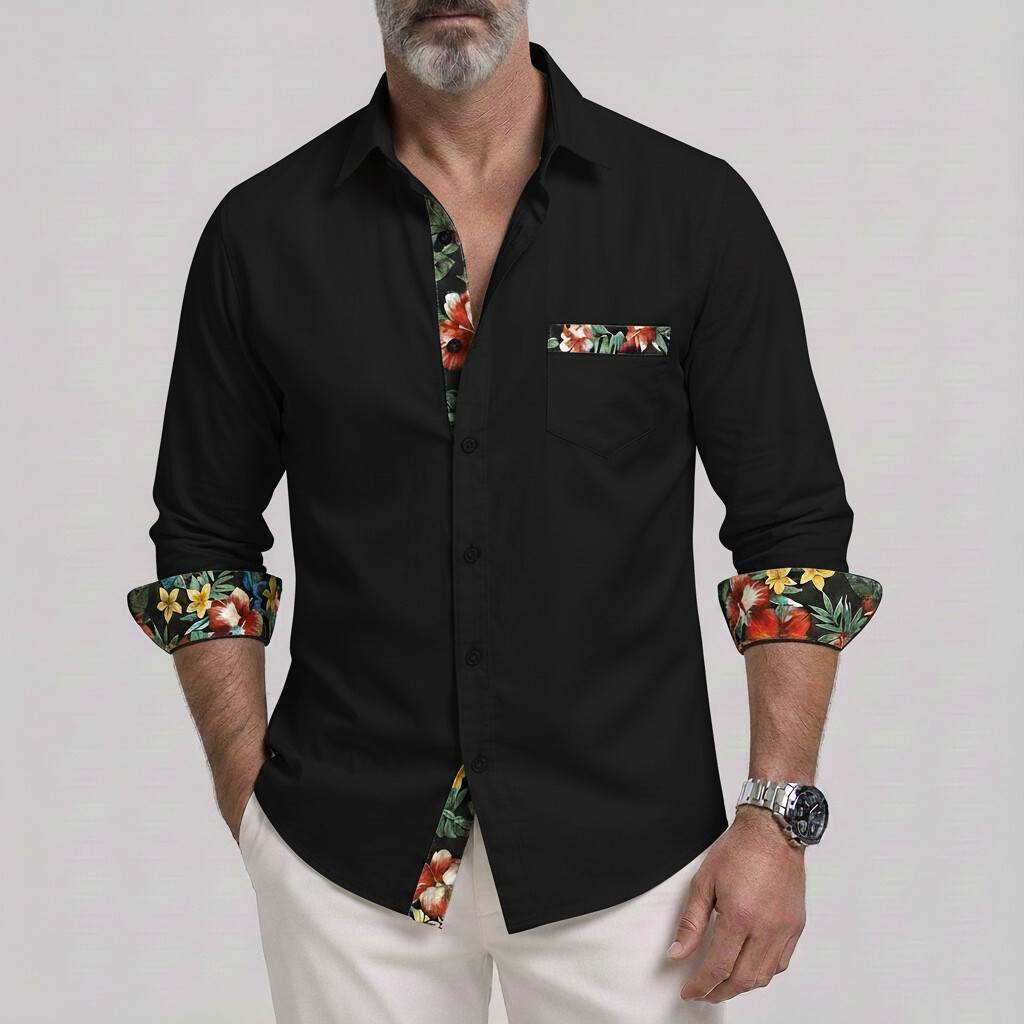 Men's Tropical Floral Print Contrast Trim Patch Pocket Vacation Long Sleeve Shirt