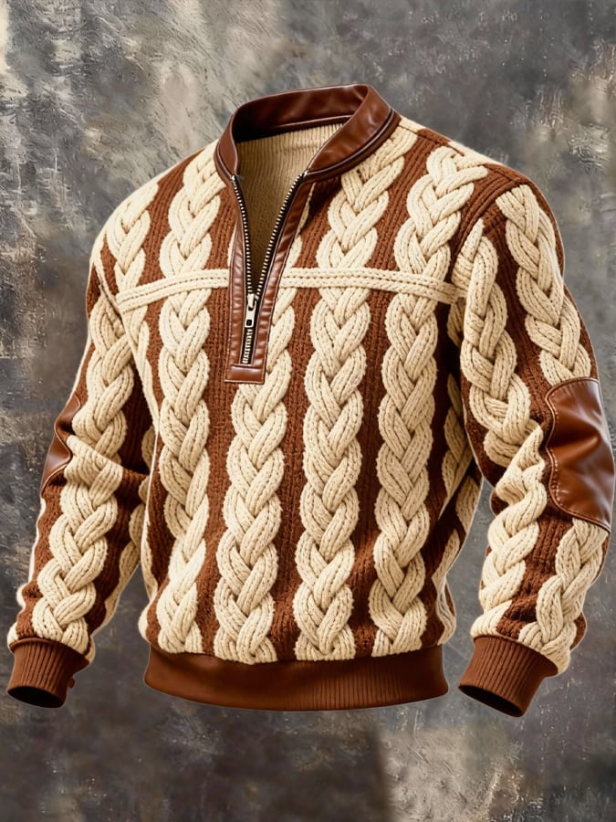 Men's Retro Color Block Print Zipper Sweatshirt