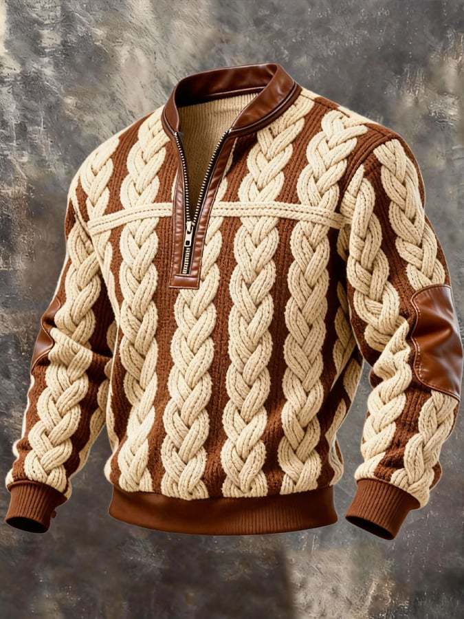 Men's Retro Color Block Print Zipper Sweatshirt