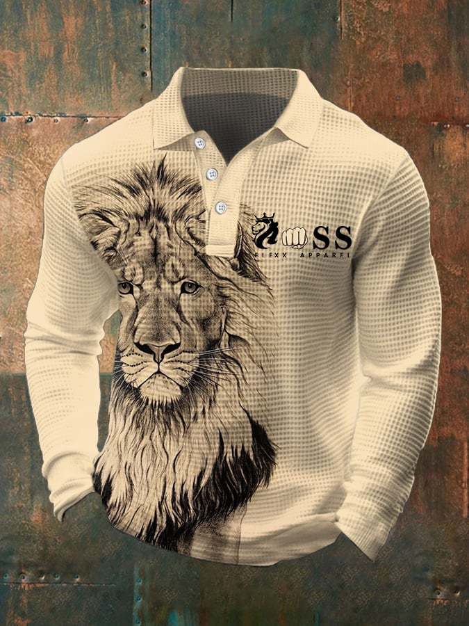 Men's Casual Business Lion Long Sleeve Polo