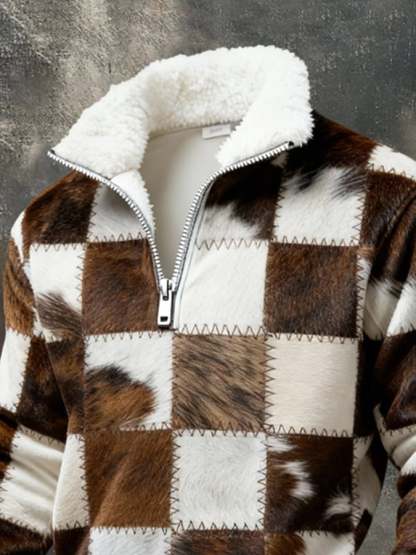 Men's Retro Color Block Print Sweatshirt With Fur Collar