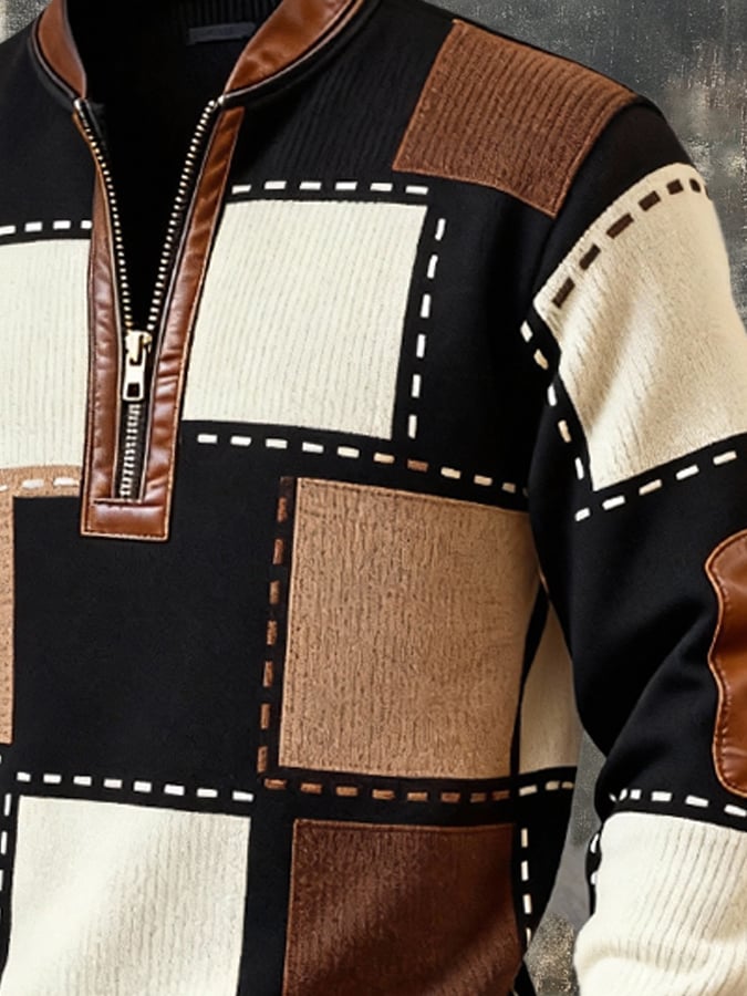 Men'S Casual Retro Contrast Color Half Zip Stand Collar Long Sleeve Sweatshirt