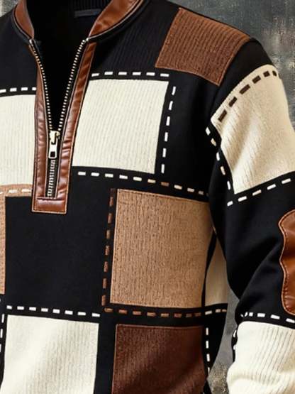 Men'S Casual Retro Contrast Color Half Zip Stand Collar Long Sleeve Sweatshirt