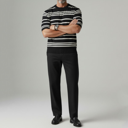 Men's Apricot Casual Striped Pattern Crew Neck Knitted Short Sleeve T-Shirt