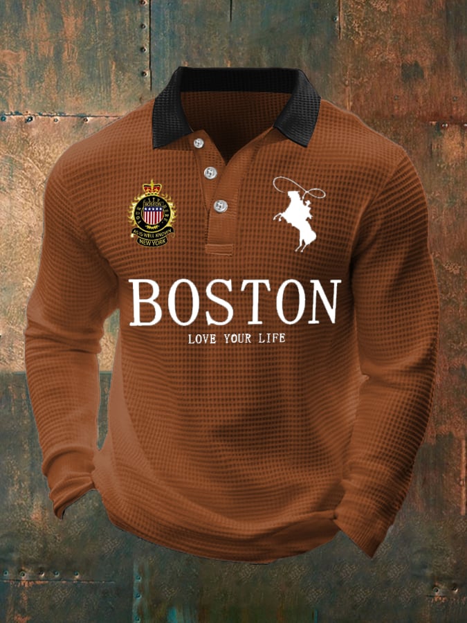 Men's Retro Business Casual Waffle Fabric Long Sleeve Polo Shirt