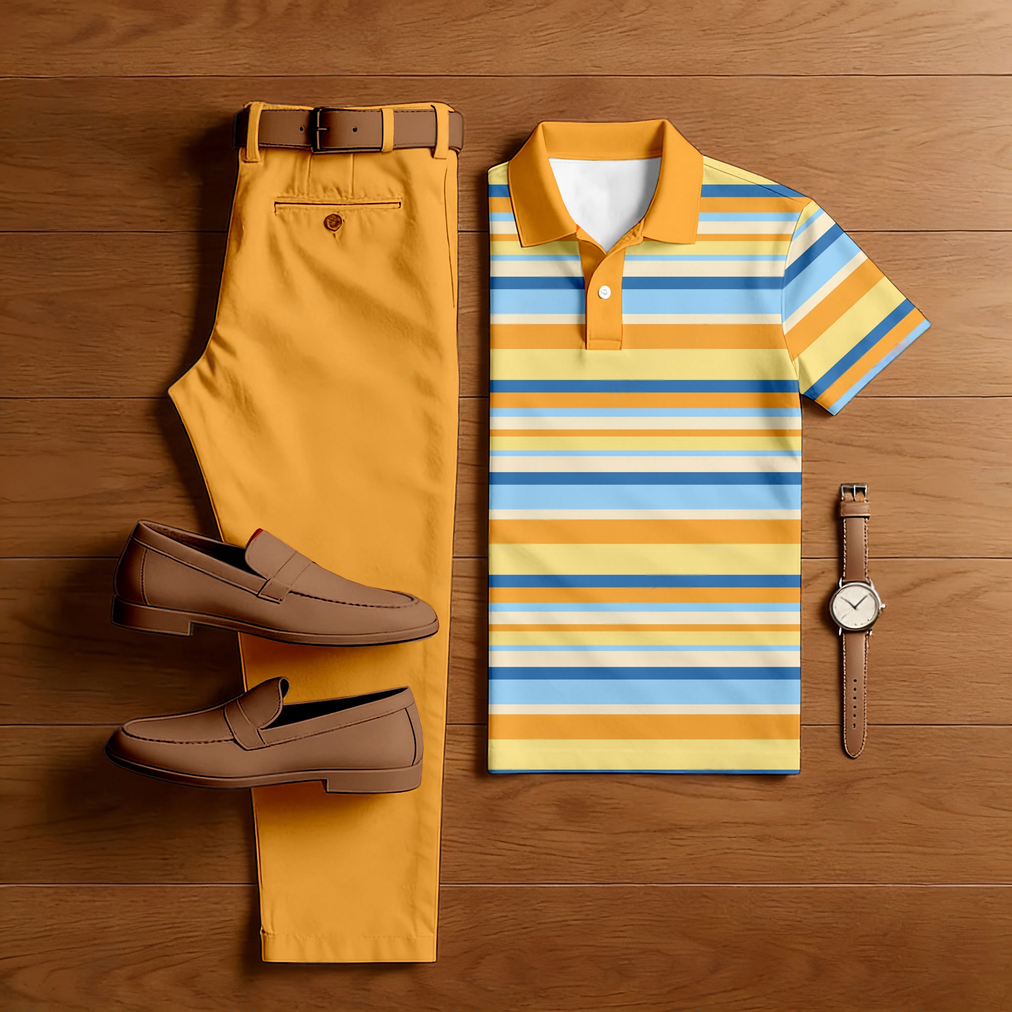 Men's Casual Ginger Yellow & Multi Color Matching Striped Printed Short Sleeved Polo Shirt & Trousers Two-Piece Set