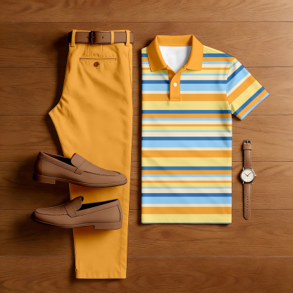 Men's Casual Ginger Yellow & Multi Color Matching Striped Printed Short Sleeved Polo Shirt & Trousers Two-Piece Set