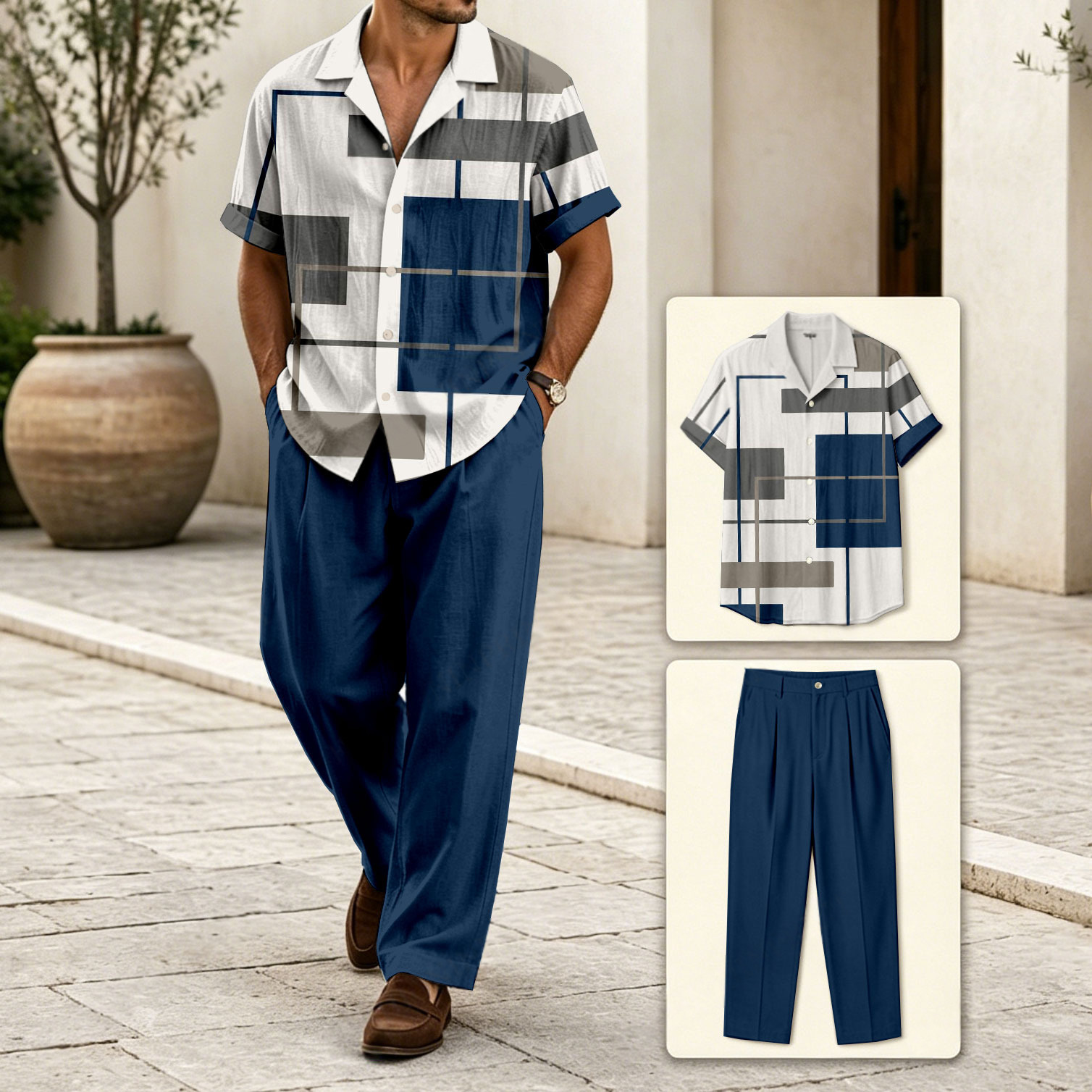 Men's Dark Blue Geometric Casual Color-Blocked Geometric Print Short-Sleeved Shirt And Trousers Two-Piece Set