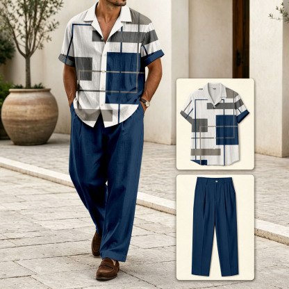 Men's Dark Blue Geometric Casual Color-Blocked Geometric Print Short-Sleeved Shirt And Trousers Two-Piece Set