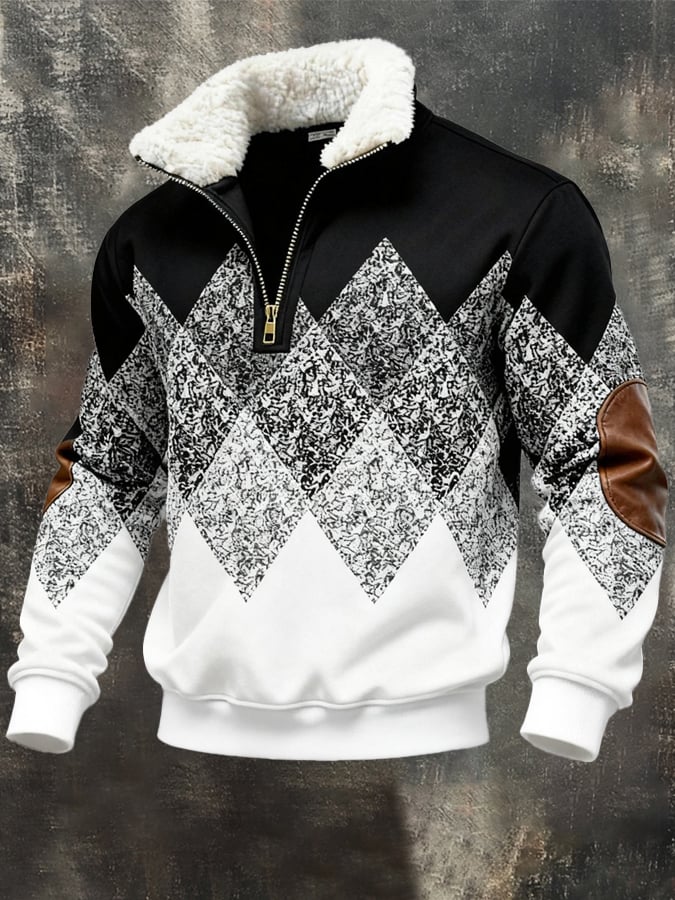 Men's Retro Color Block Print Fur Collar Sweatshirt