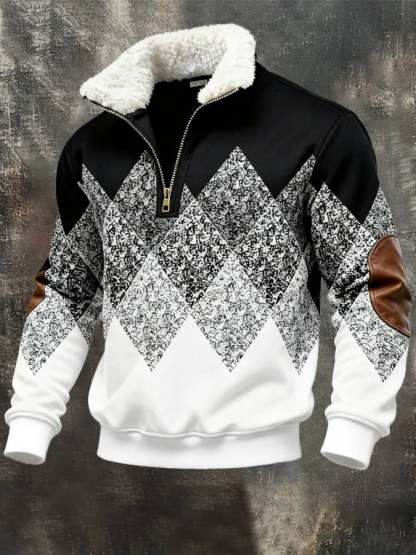 Men's Retro Color Block Print Fur Collar Sweatshirt
