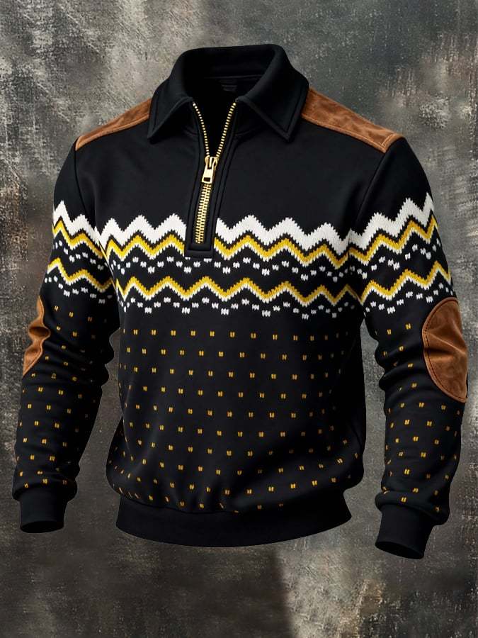 Men's Retro Color Block Print Zipper Sweatshirt
