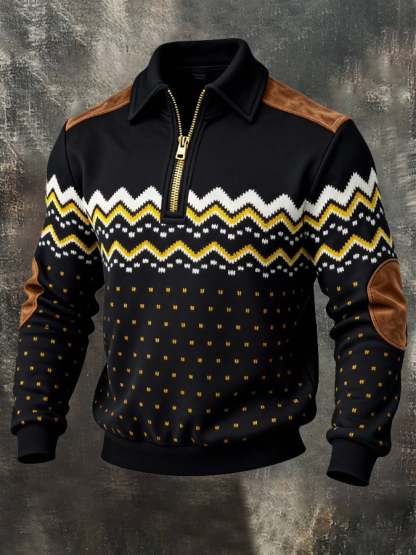 Men's Retro Color Block Print Zipper Sweatshirt