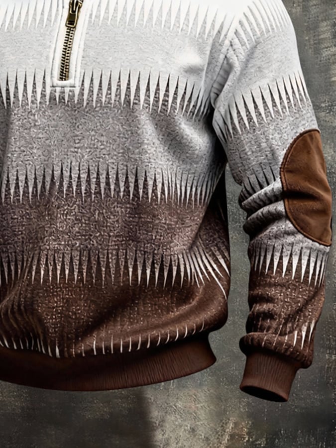 Men's Retro Color Block Print Color-Blocked Zip-Up Sweatshirt