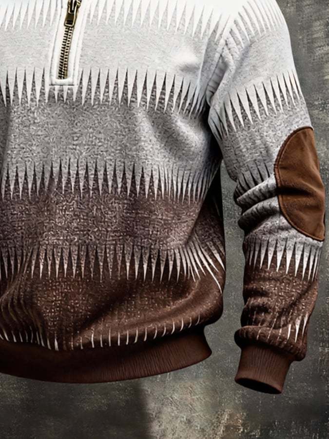 Men's Retro Color Block Print Color-Blocked Zip-Up Sweatshirt