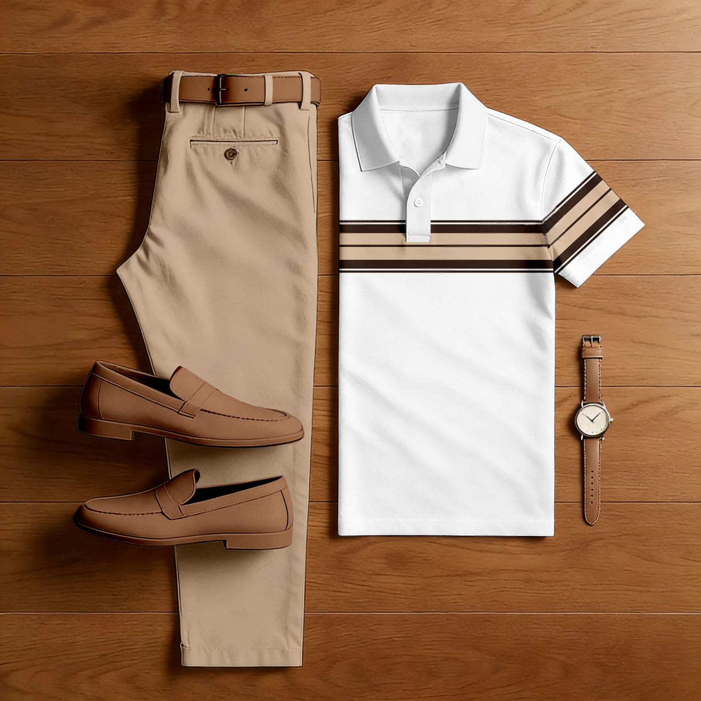 Men's Casual Apricot & White Color Matching Striped Printed Short Sleeved Polo Shirt & Trousers Two-Piece Set